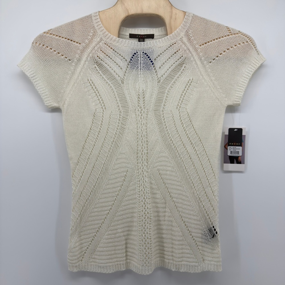 NWT Fever Women White Pointelle Open Knit Top Short Sleeve Mixed Stitch Larg